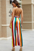 Rosy Brown Rainbow Stripe Halter Neck Belted Jumpsuit