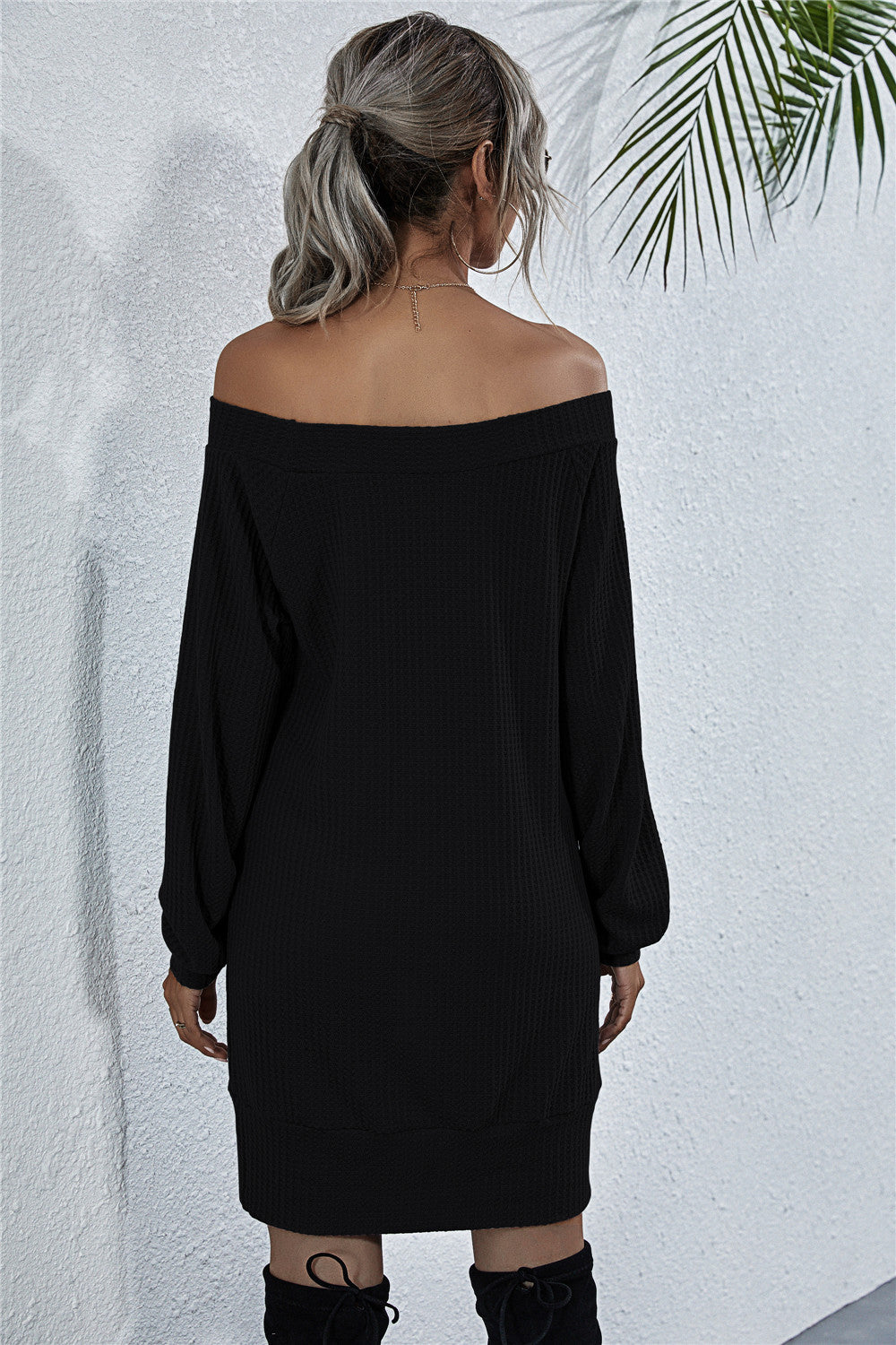 Black Here For The View Waffle-Knit Boat Neck Mini Dress Mini Dresses