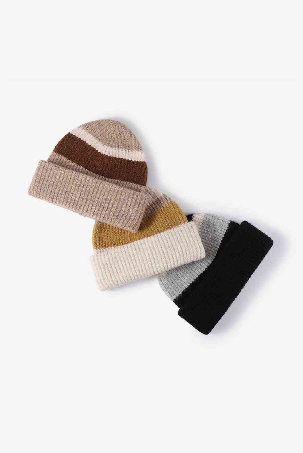 White Smoke Tricolor Cuffed Knit Beanie Winter Accessories