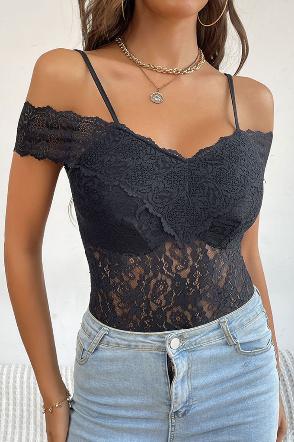 Gray Lace Cold-Shoulder Bodysuit Shirts & Tops