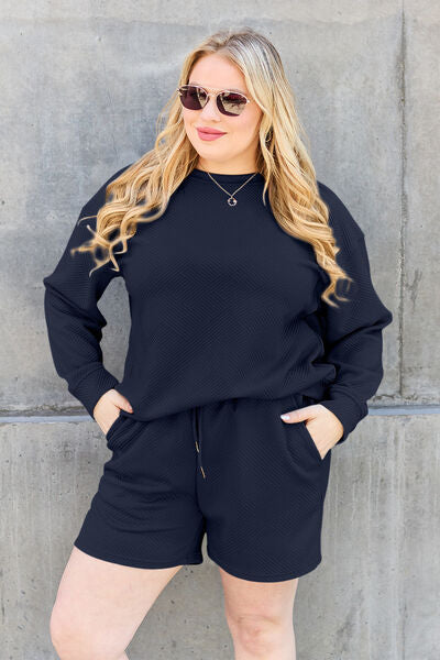 Dark Gray Double Take Full Size Texture Long Sleeve Top and Drawstring Shorts Set Loungewear