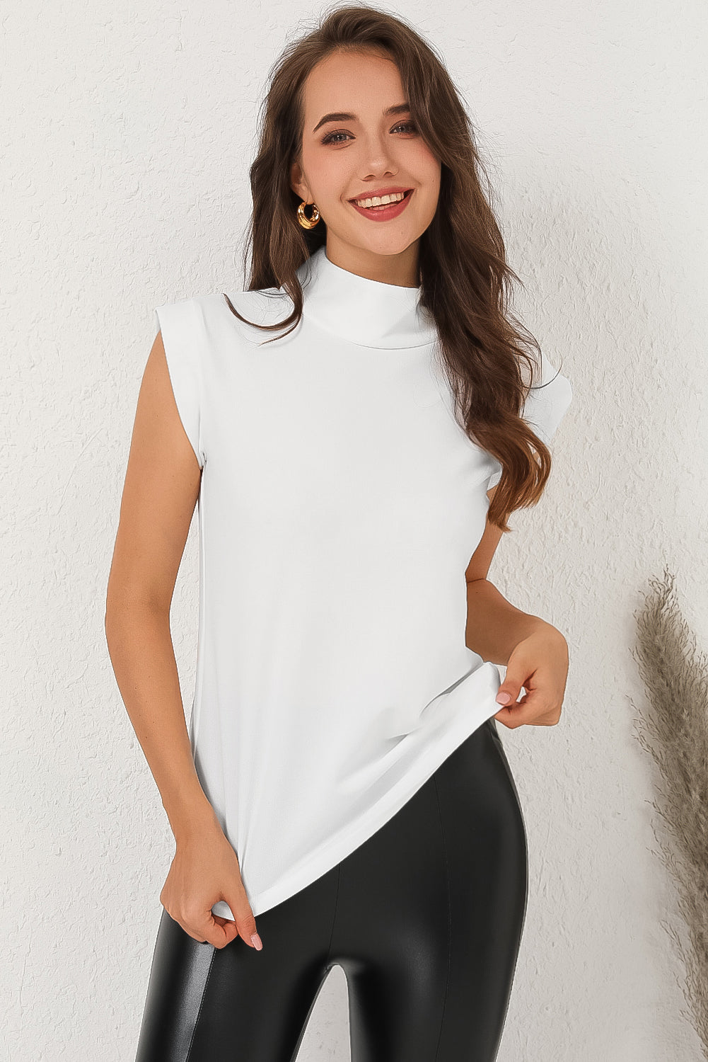 Light Gray Mock Neck Cap Sleeve Blouse Tops