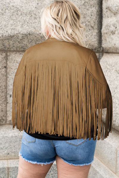 Rosy Brown Plus Size Fringe Open Front Jacket Plus Size Clothing