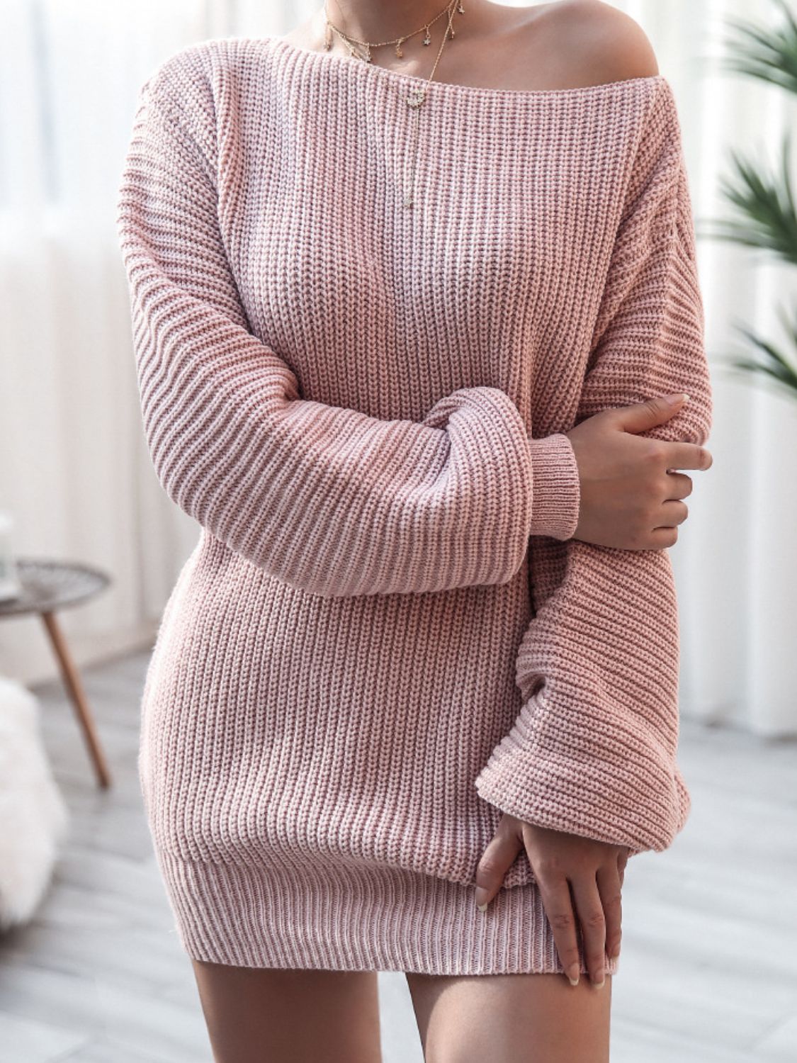 Gray Rib-Knit Balloon Sleeve Boat Neck Sweater Dress Dresses