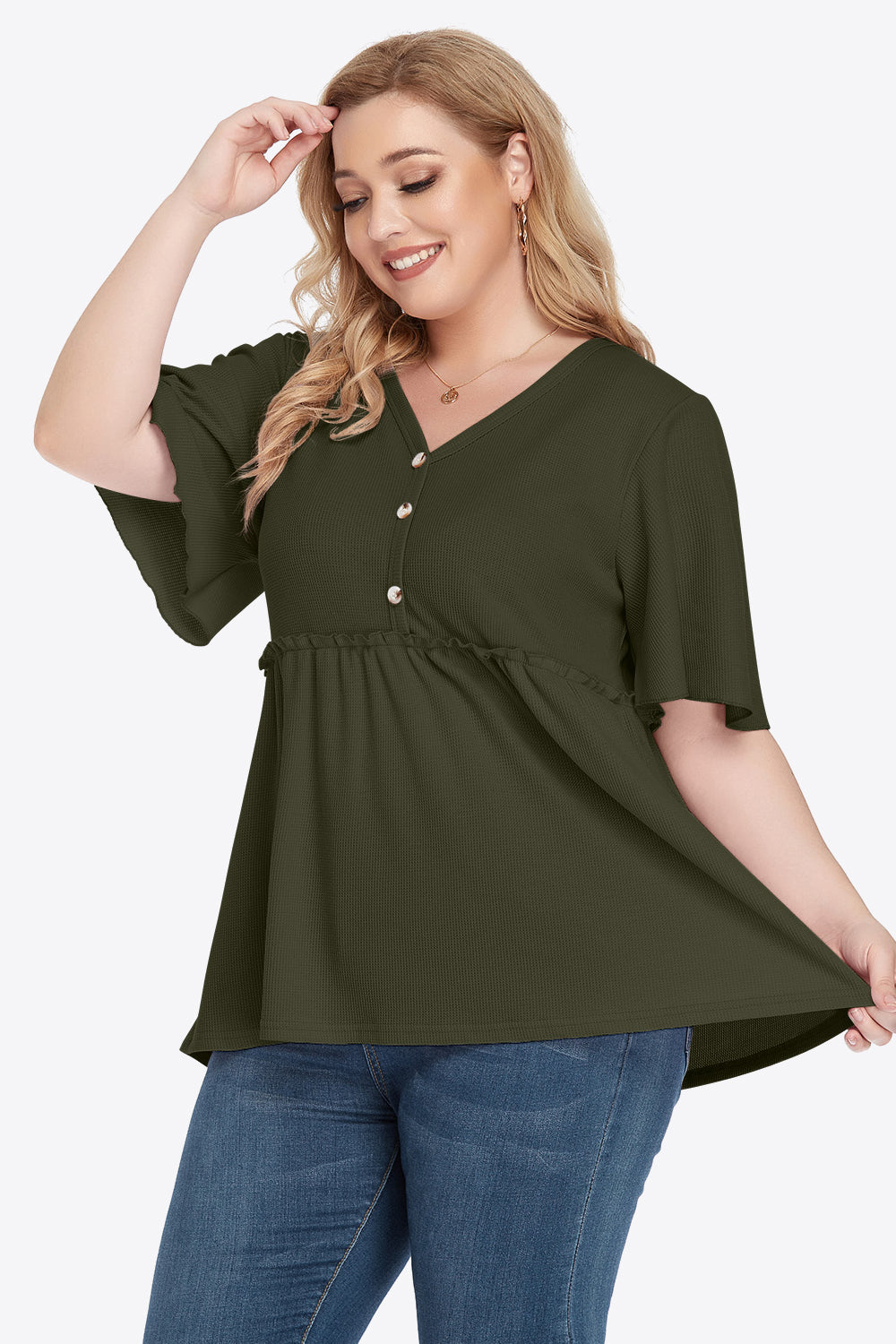 Dark Slate Gray Plus Size Buttoned V-Neck Frill Trim Babydoll Blouse Tops