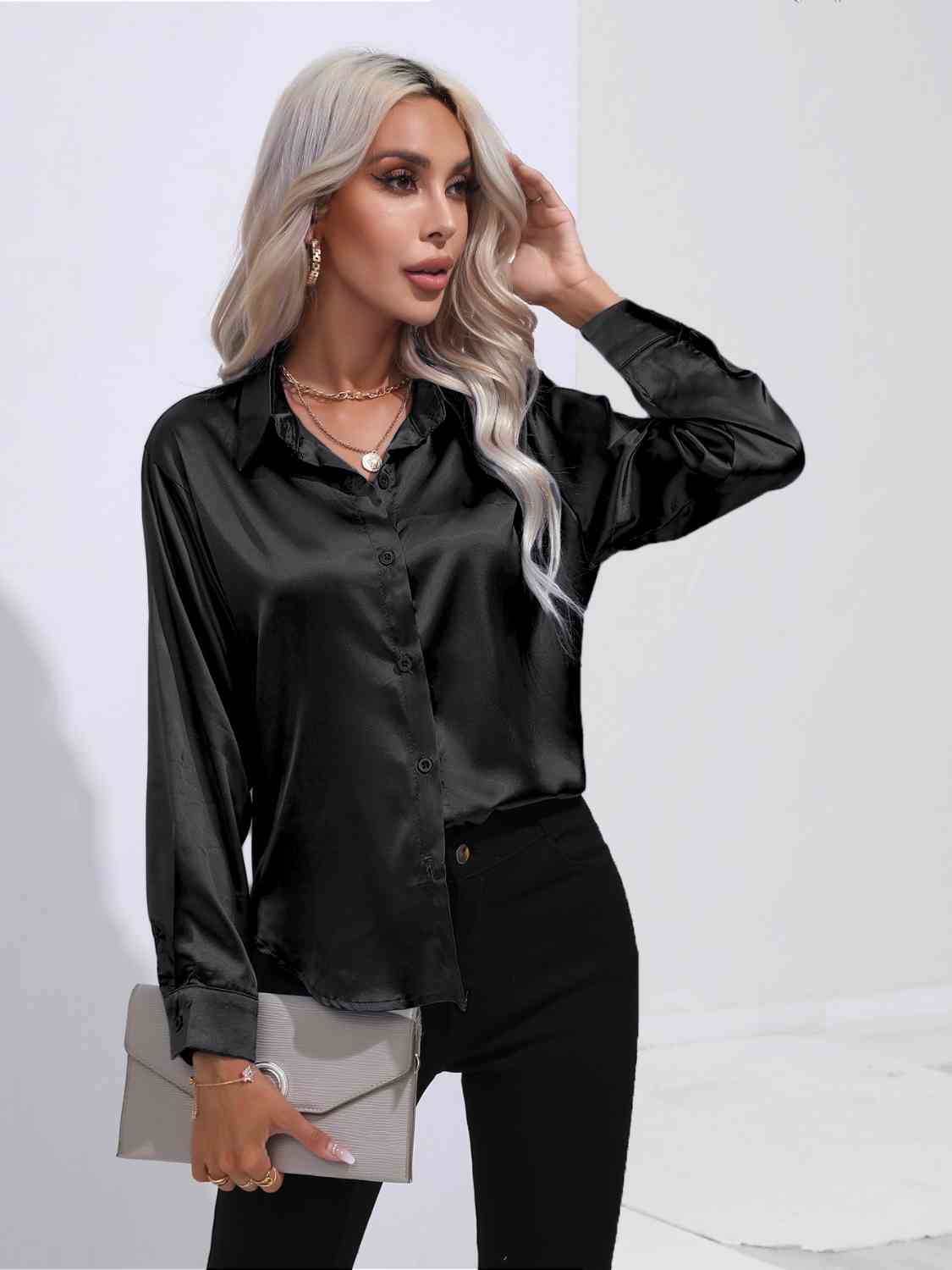 Black Modern Times Collared Neck Buttoned Long Sleeve Shirt Satin Tops