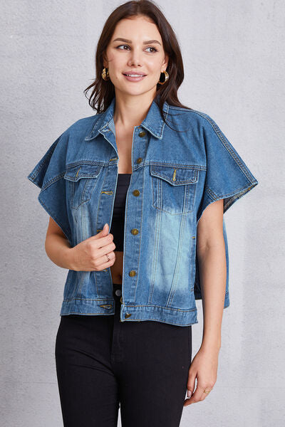 Gray Pocketed Button Up Short Sleeve Denim Top Denim