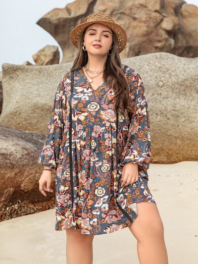 Rosy Brown Plus Size Printed V-Neck Balloon Sleeve Mini Dress Plus Size Clothing