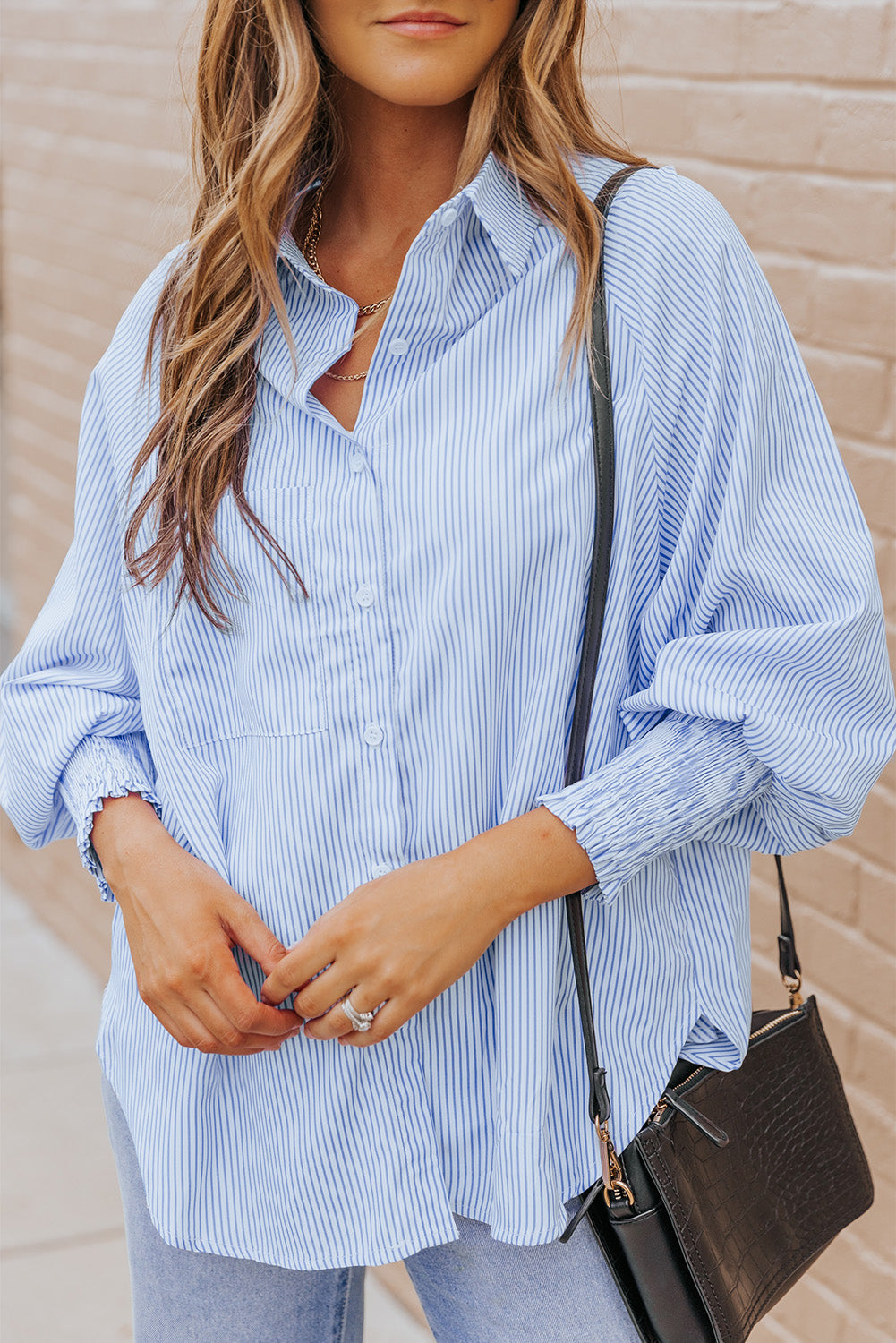 Gray Striped Lantern Sleeve Collared Shirt Tops