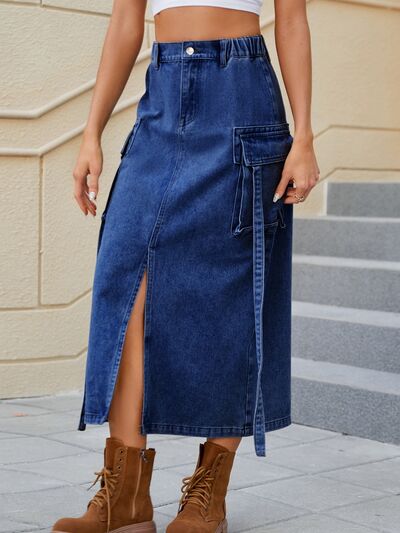 Dark Gray That's Bae Slit Pocketed High Waist Denim Skirt Denim Skirt
