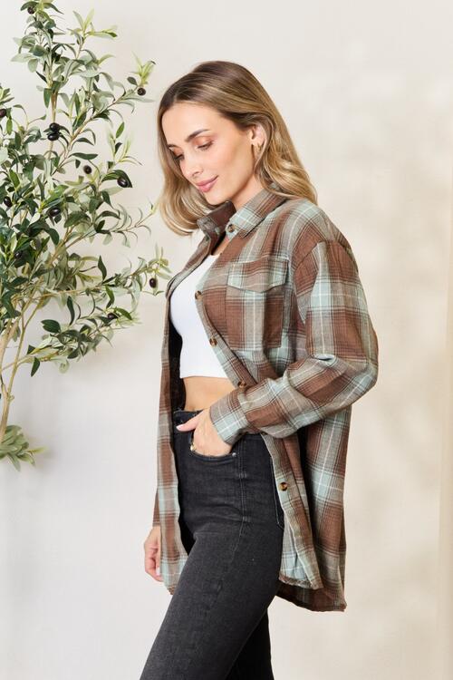 Light Gray Double Take Plaid Dropped Shoulder Shirt Clothing