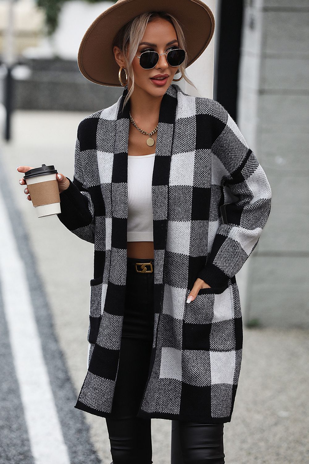 Dark Gray Plaid Dropped Shoulder Cardigan with Pocket