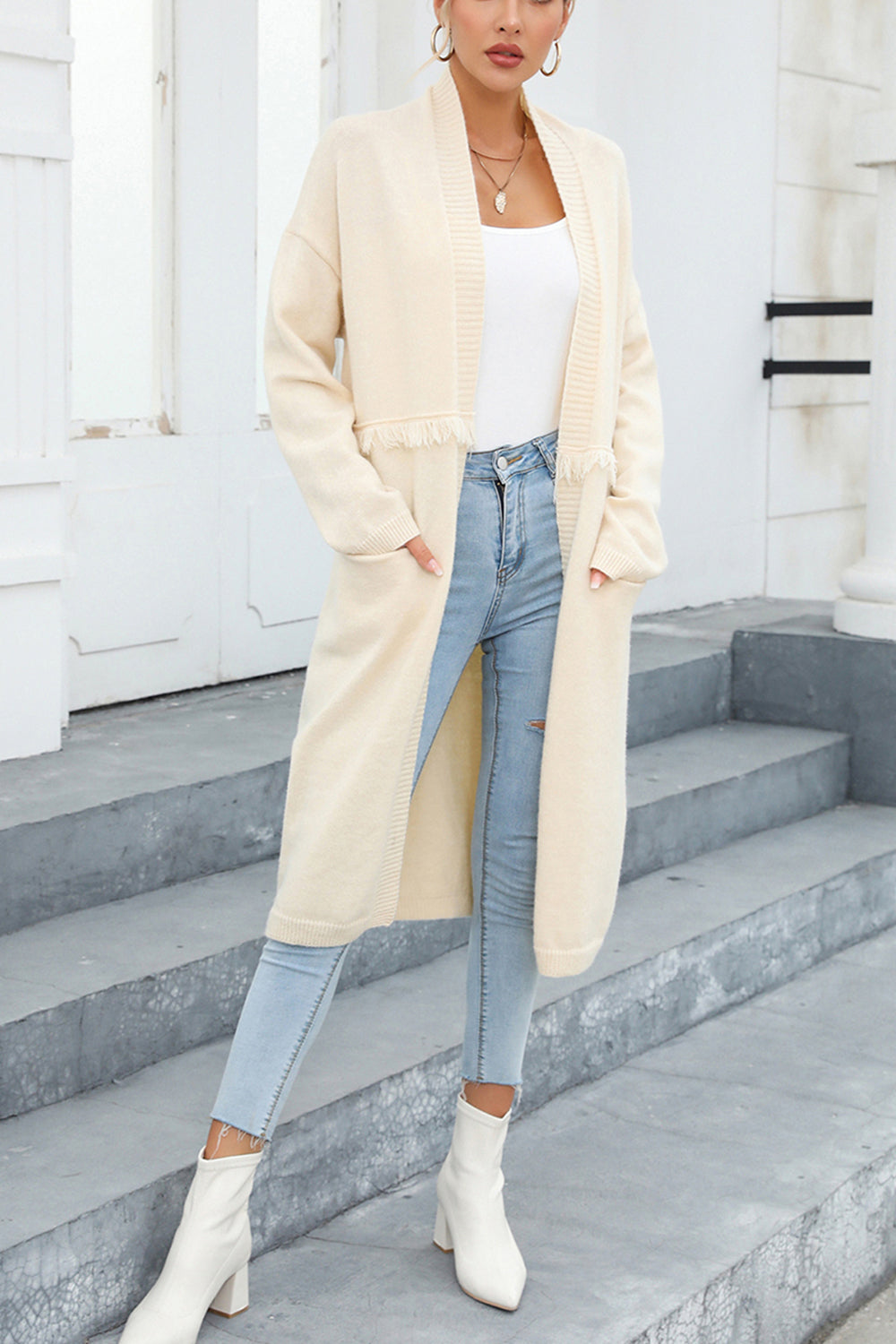 Light Gray Open Front Pocketed Cardigan Clothing