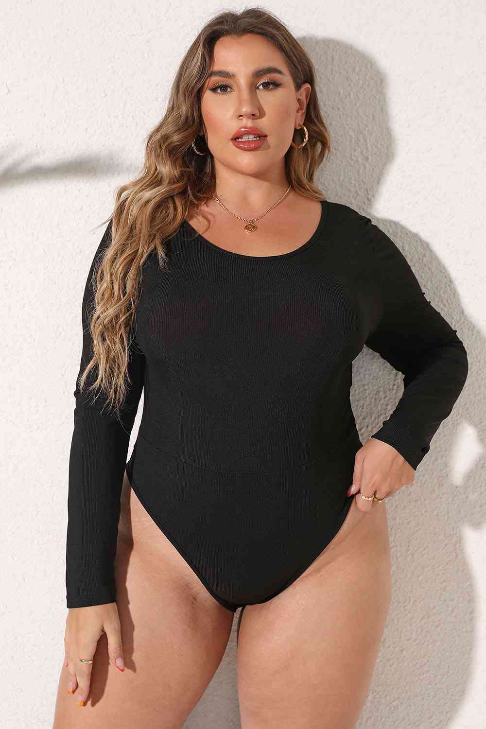 Light Gray Plus Size Round Neck Long Sleeve Bodysuit Plus Size Clothes