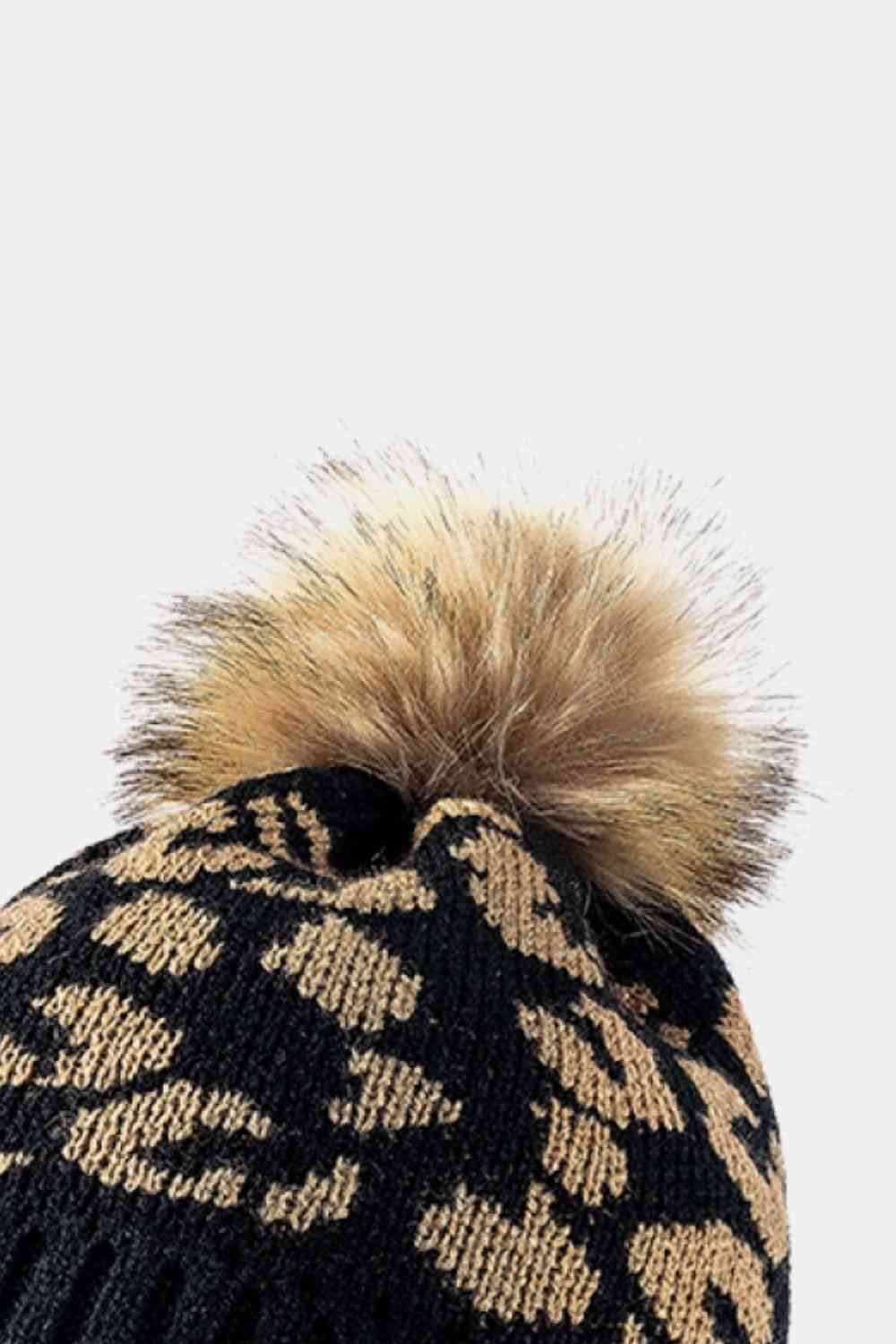 Black Leopard Pom-Pom Cuffed Beanie Winter Accessories