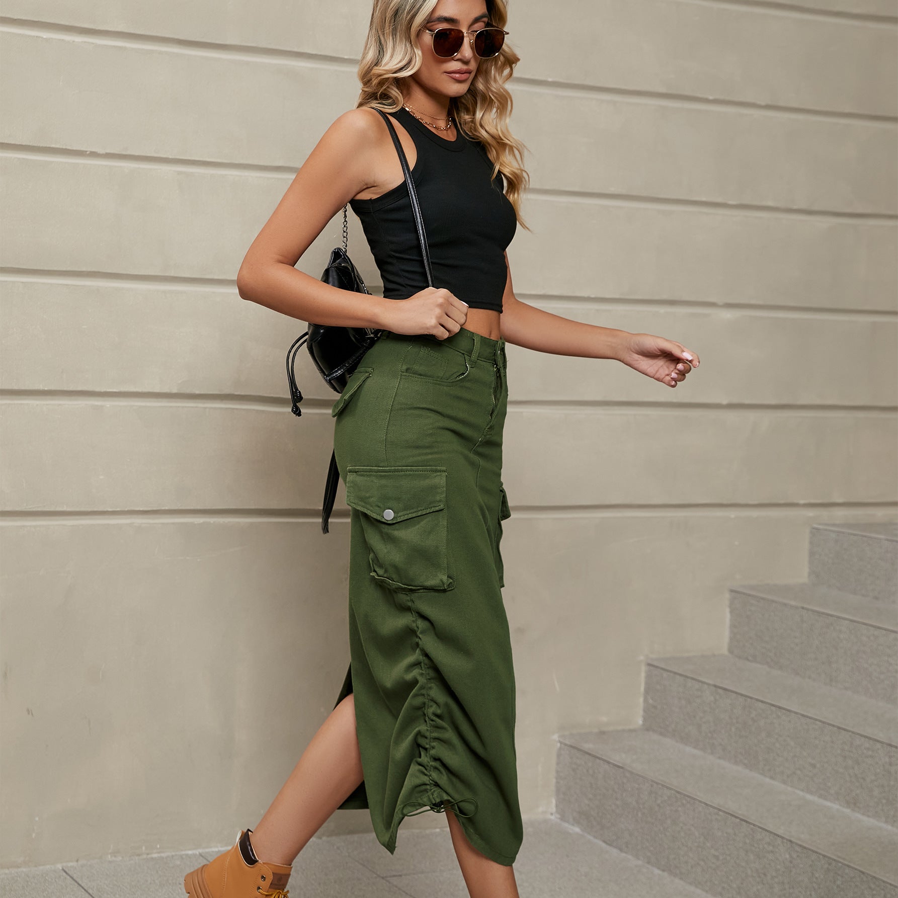 Rosy Brown Drawstring Ruched Slit Denim Midi Skirt Denim