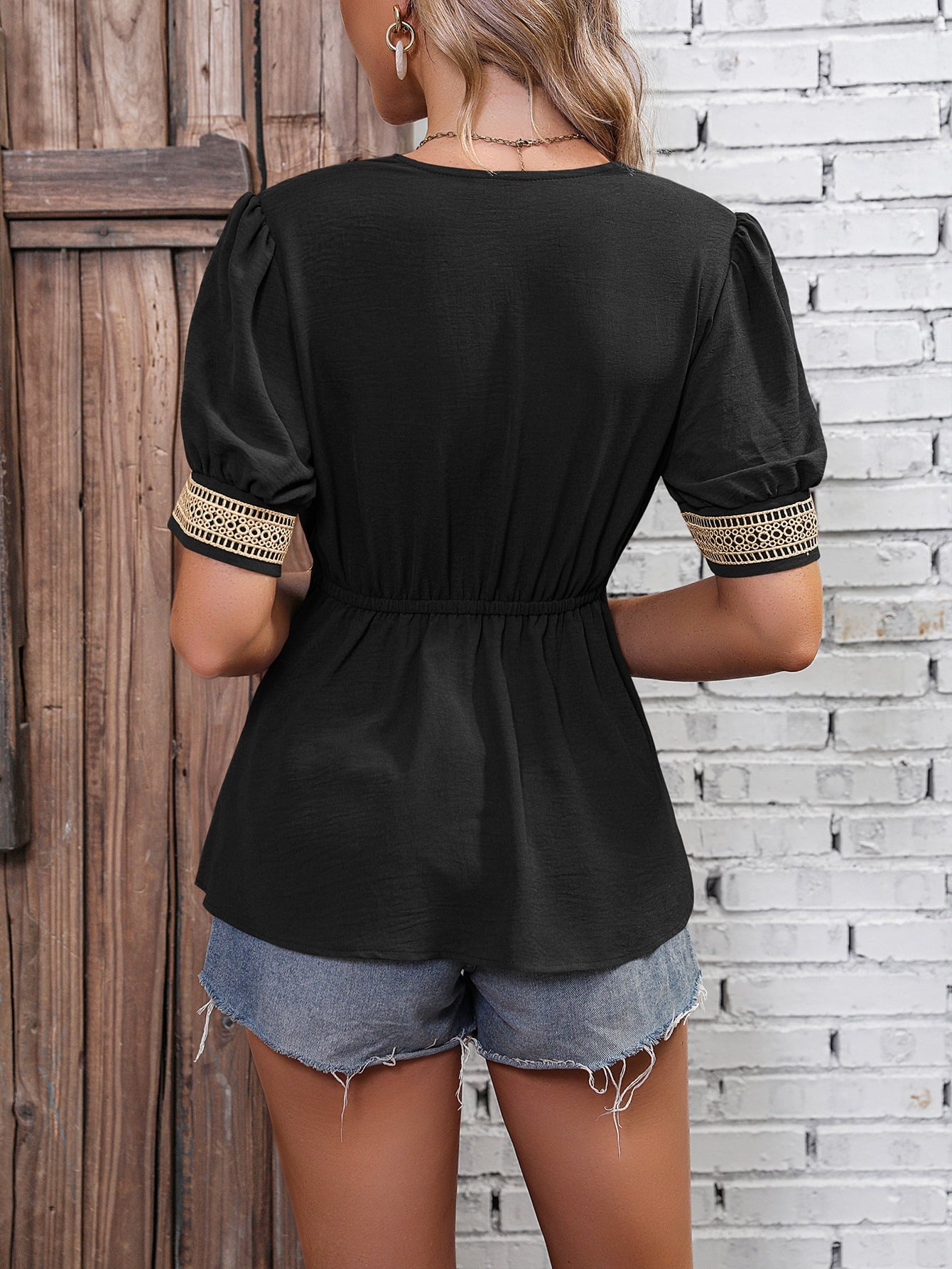 Dark Slate Gray Contrast V-Neck Babydoll Top Tops