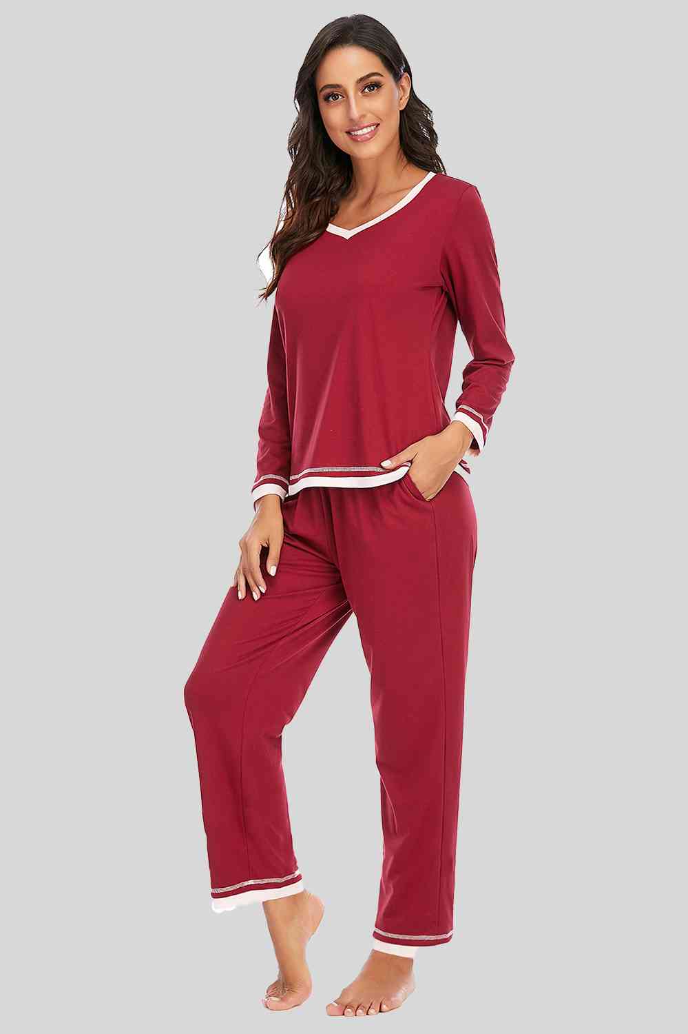 Light Gray V-Neck Top and Pants Lounge Set Loungewear