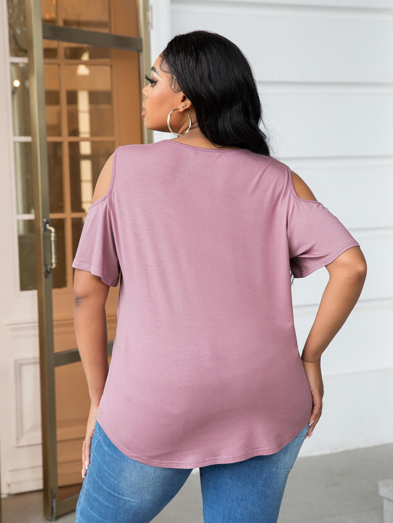 Gray Plus Size Cold-Shoulder Round Neck Curved Hem Tee Plus Size Clothes