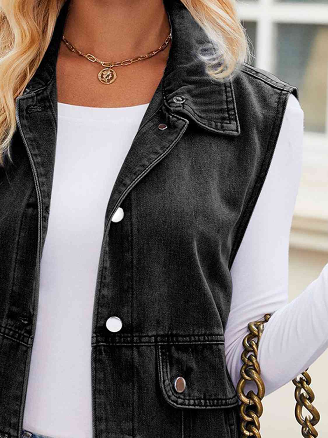 Light Gray Button Up Collared Neck Denim Jacket with Pockets Denim