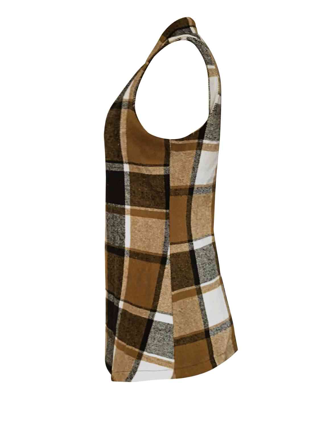 Dark Olive Green Plaid Open Front Collared Neck Vet Winter Accessories