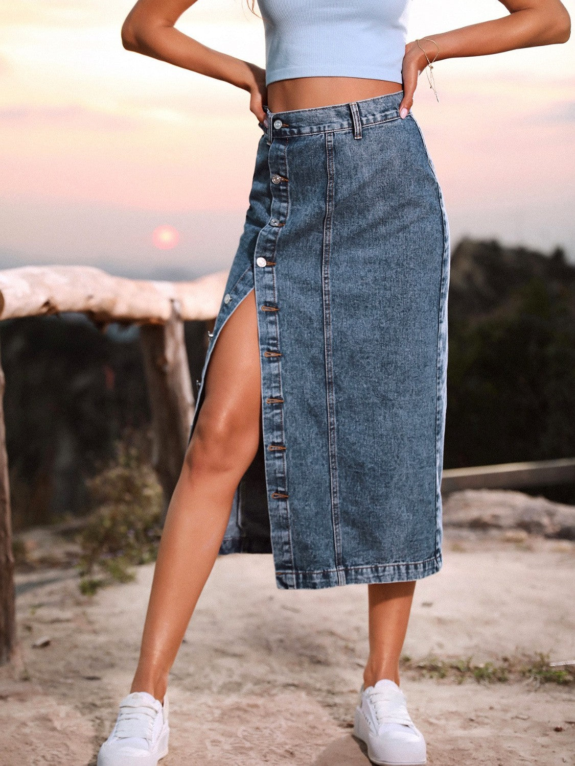 Gray Wifey Button Down Denim Midi Skirt Denim Skirt