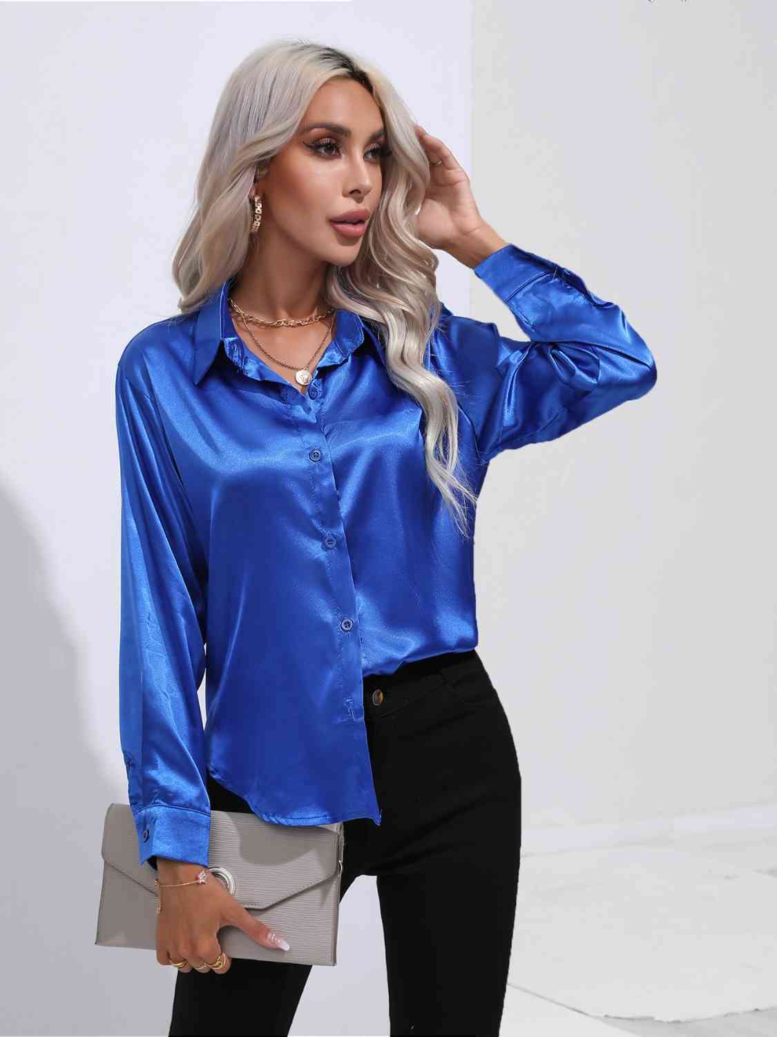 Midnight Blue Modern Times Collared Neck Buttoned Long Sleeve Shirt Satin Tops