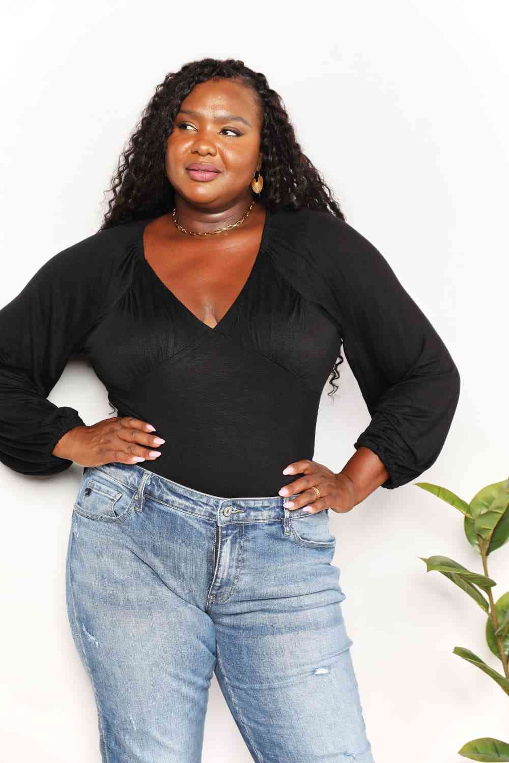 Dark Slate Gray Culture Code Full Size V- Neck Bodysuit Work Attire