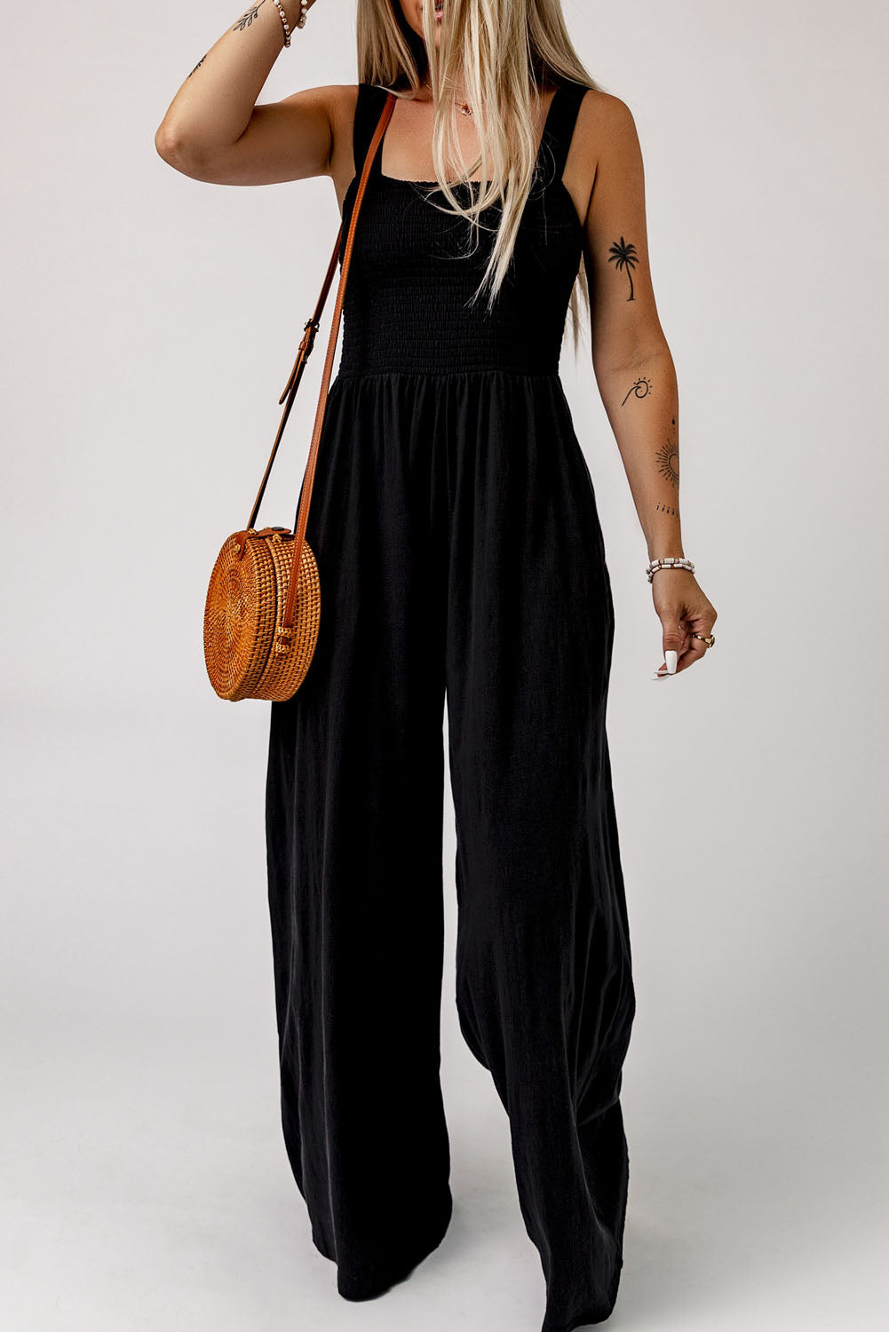 Black Walk Humbly Smocked Square Neck Wide Leg Jumpsuit with Pockets Jumpsuits & Rompers