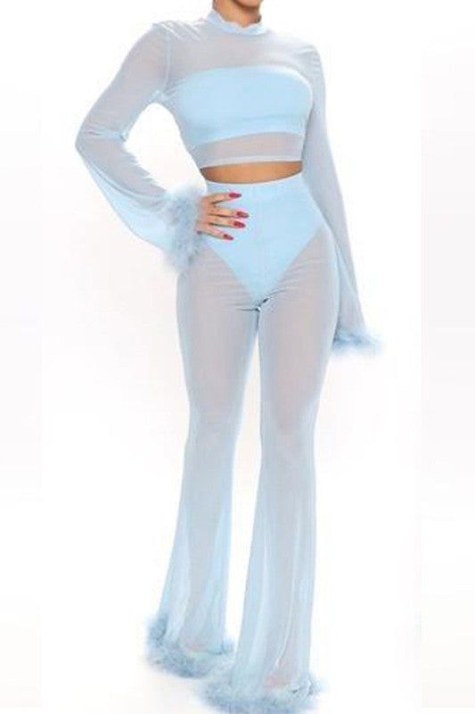 Gray Jamilia Mesh Set With Feather Trim In Baby Blue Outfit Sets