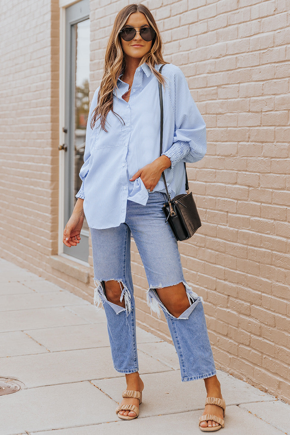 Gray Striped Lantern Sleeve Collared Shirt Tops