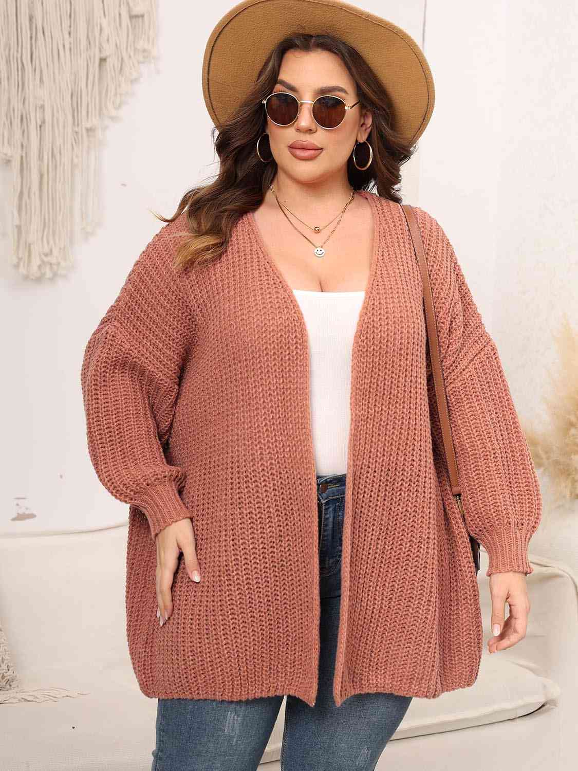 Light Gray Plus Size Open Front Dropped Shoulder Knit Cardigan Plus Size Clothes