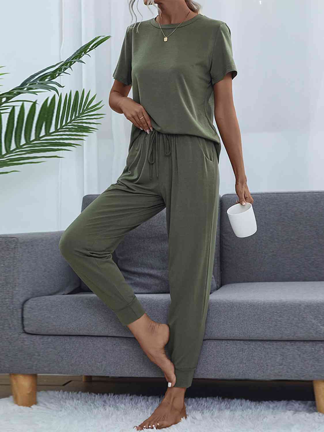 Dark Slate Gray Round Neck Short Sleeve Top and Pants Set Loungewear