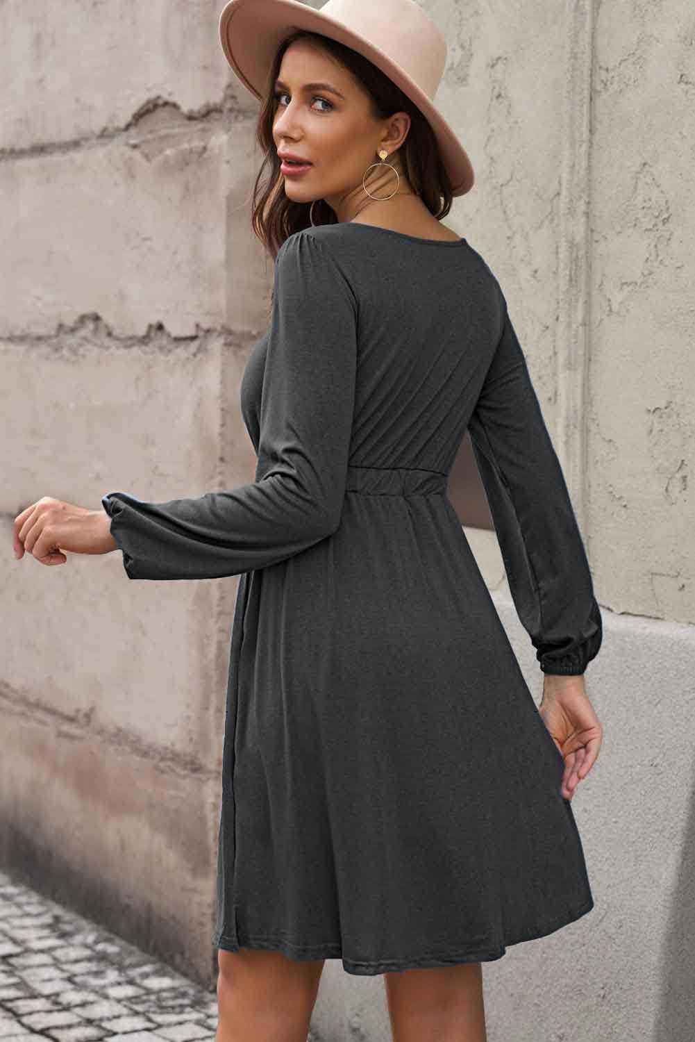 Dark Gray The Magic Dress Scoop Neck Empire Waist Long Sleeve Mini Dress Casual Dresses