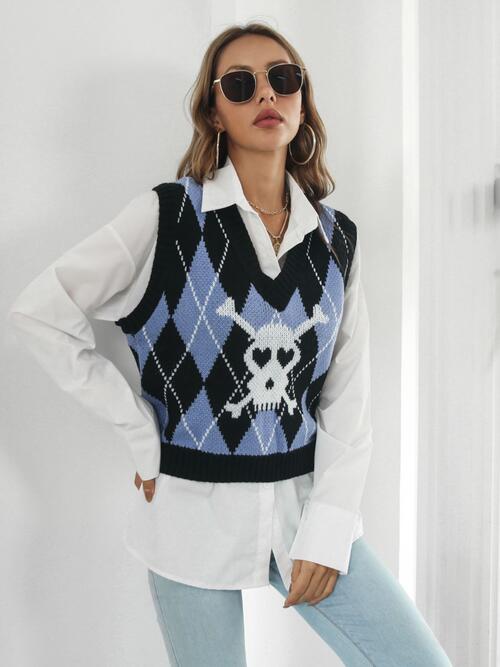 Light Gray Skull Geometric V-Neck Sweater Vest Winter Accessories