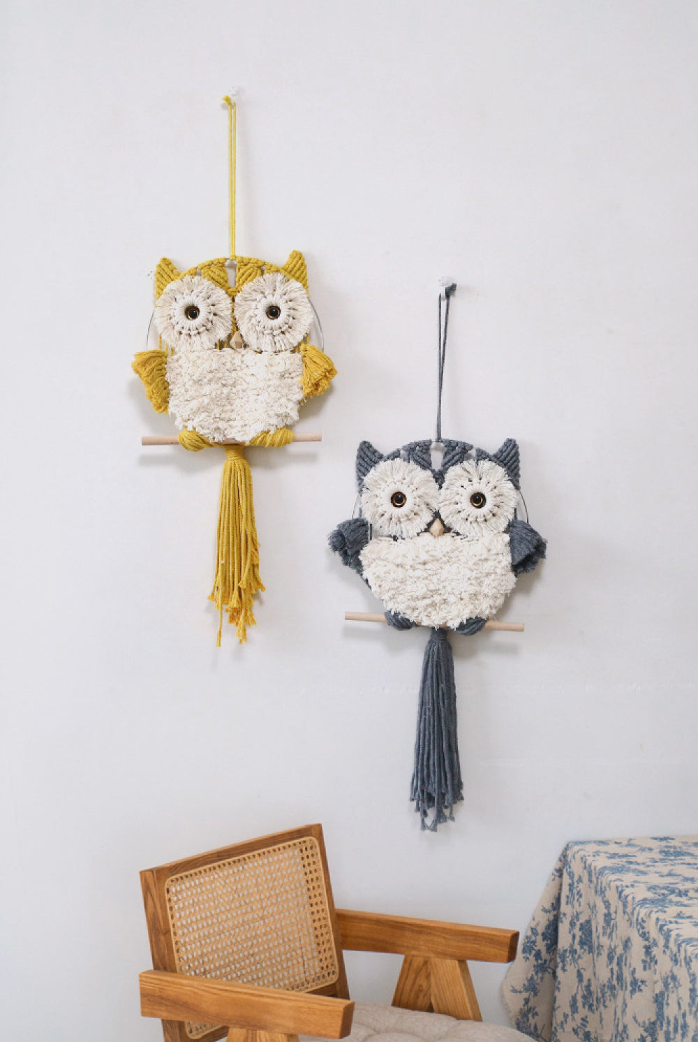 Light Gray Hand-Woven Tassel Owl Macrame Wall Hanging Home