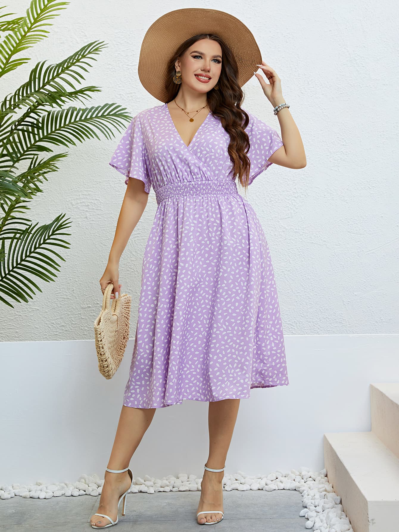 Light Gray Love Is Beautiful Plus Size Printed Smocked Waist Surplice Dress Midi Dresses