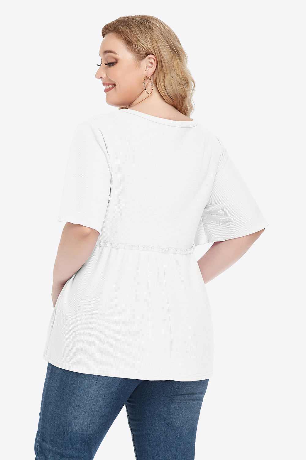 White Smoke Plus Size Buttoned V-Neck Frill Trim Babydoll Blouse Tops