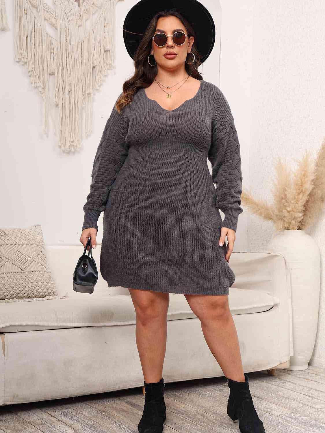 Light Gray Plus Size Dropped Shoulder Long Sleeve Knit Mini Dress Plus Size Clothes