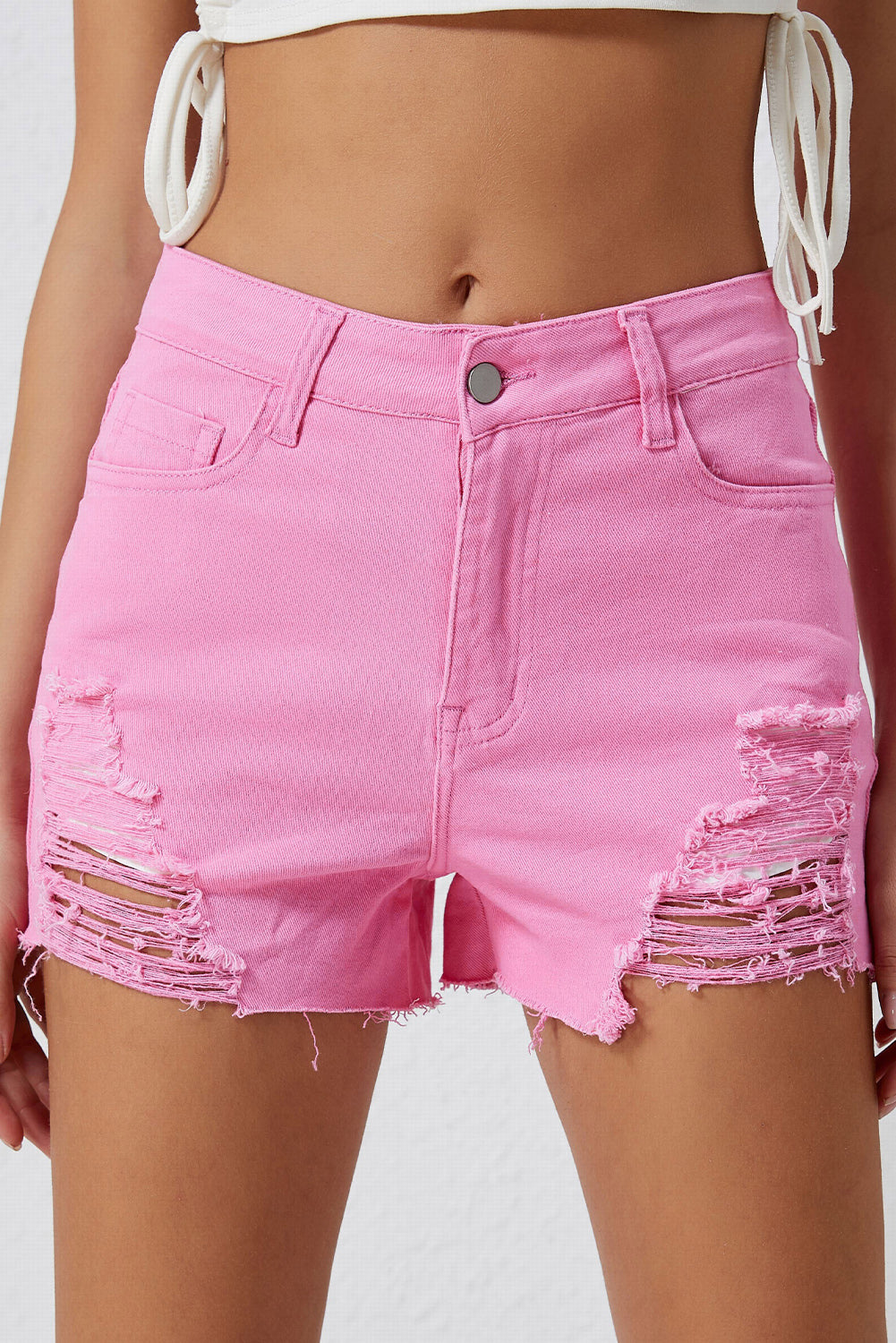 Rosy Brown Soul Searching Distressed Denim Shorts- Pink Clothing