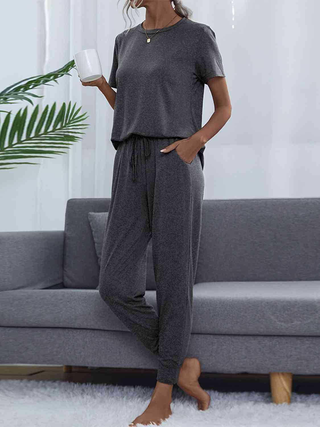 Dark Slate Gray Round Neck Short Sleeve Top and Pants Set Loungewear