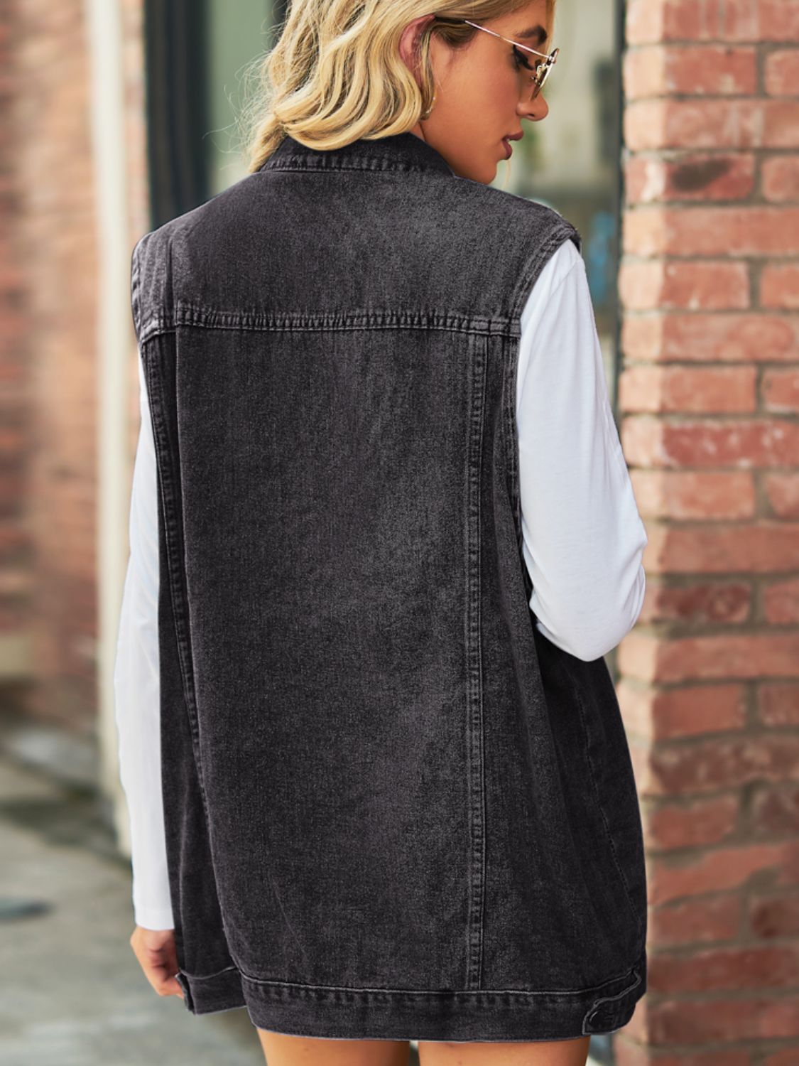 Dark Slate Gray Collared Neck Sleeveless Denim Top with Pockets Denim