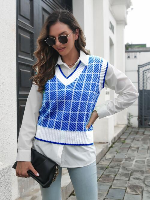 Gray Plaid V-Neck Sweater Vest Winter Accessories