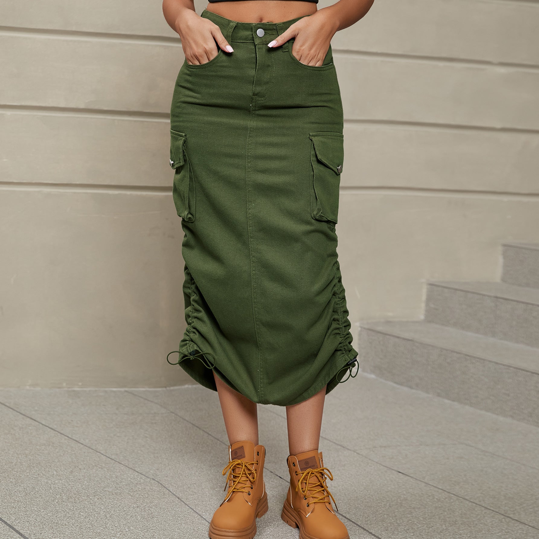 Rosy Brown Drawstring Ruched Slit Denim Midi Skirt Denim