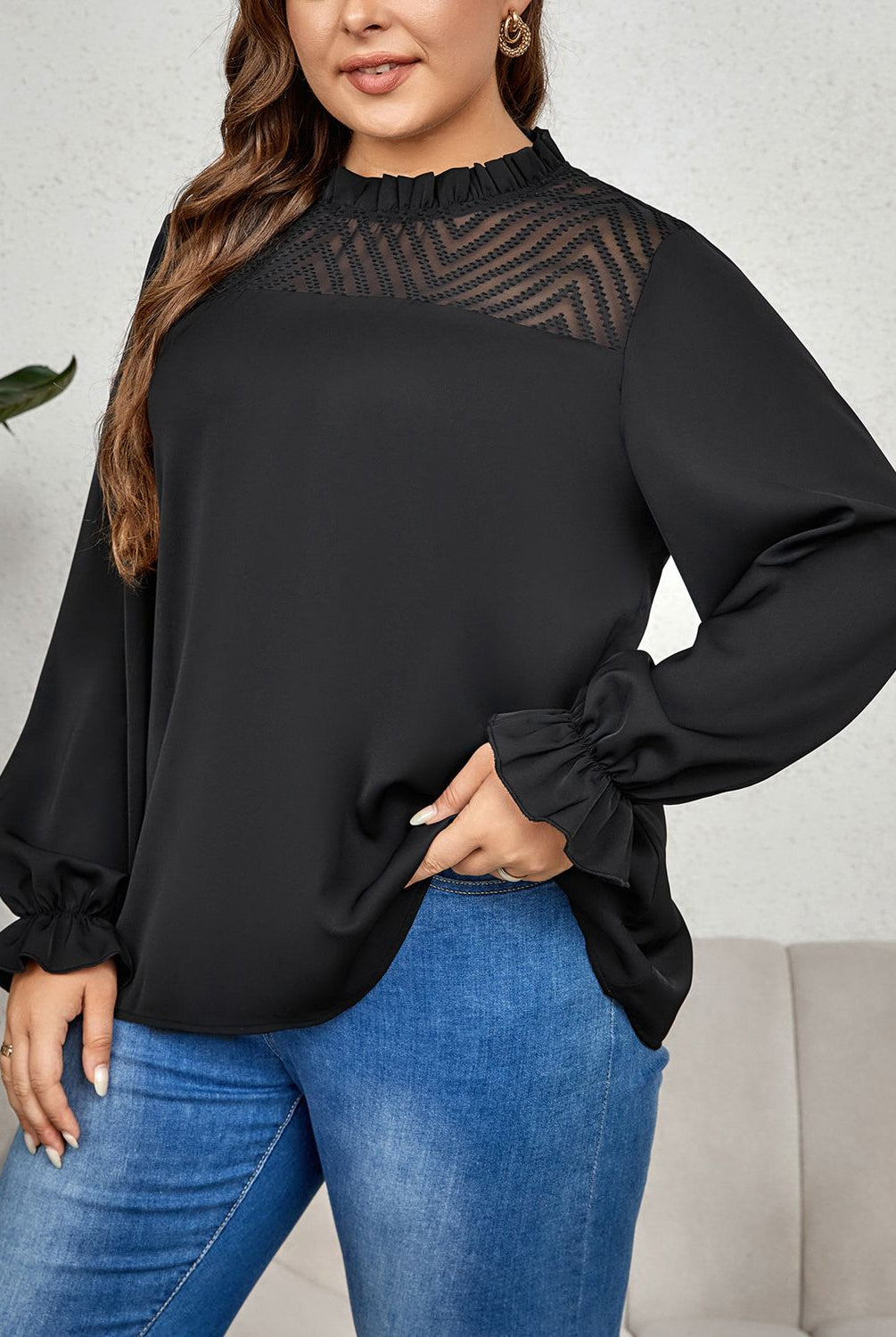 Dark Slate Gray Once Again Plus Size Round Neck Flounce Sleeve Blouse Plus Size Tops