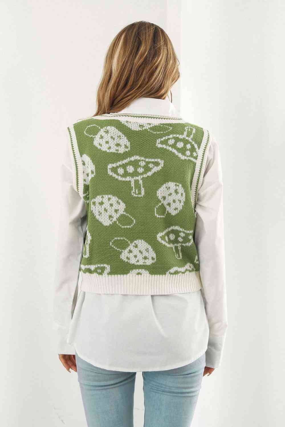 Light Gray Printed Plunge Neck Sweater Vest Winter Accessories