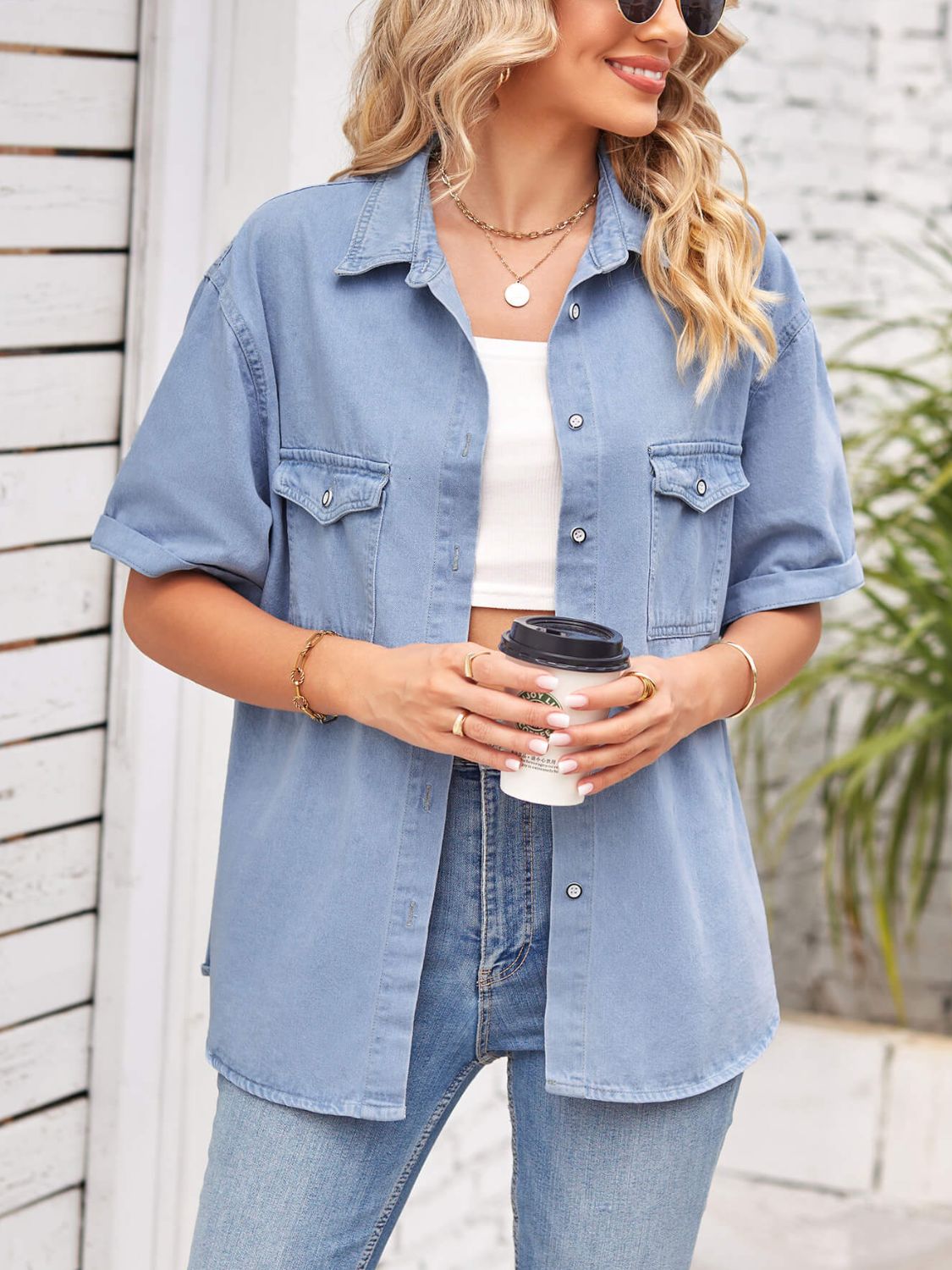 Gray Collared Neck Short Sleeve Denim Jacket Denim