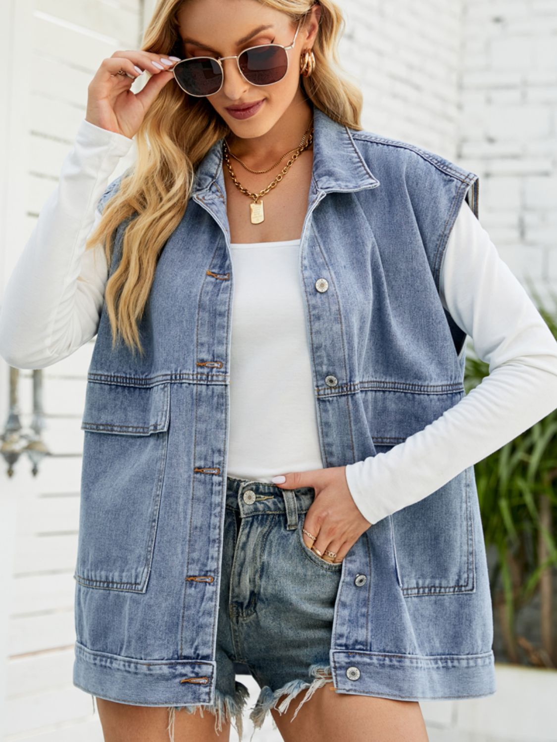 Light Gray Collared Neck Sleeveless Denim Top with Pockets Denim