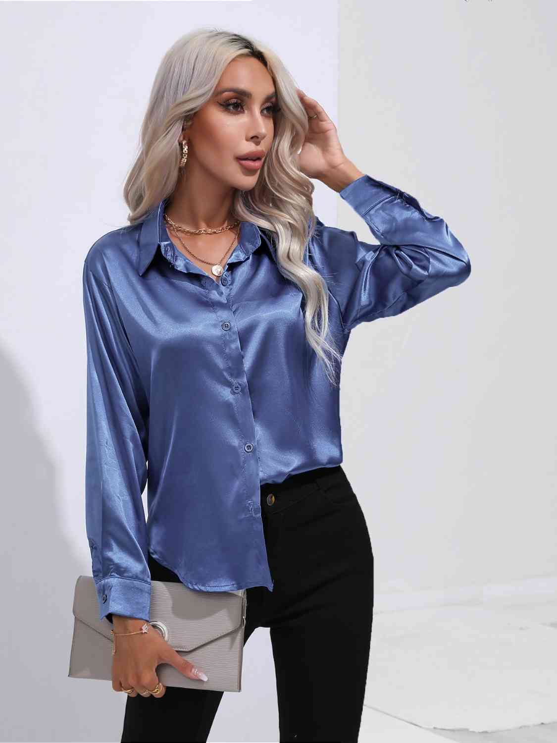 Dark Slate Gray Modern Times Collared Neck Buttoned Long Sleeve Shirt Satin Tops