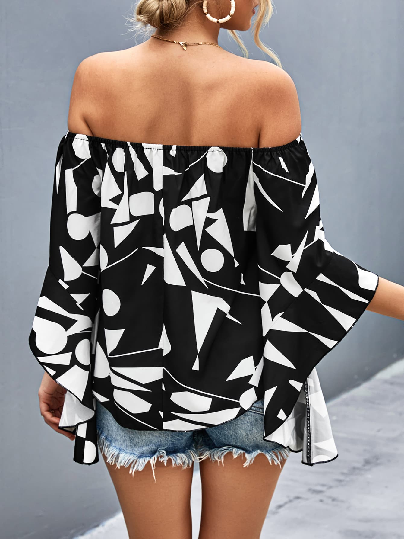 Dark Gray Printed Off-Shoulder Bell Sleeve Blouse Tops